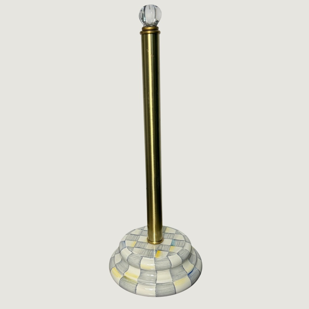 MacKenzie-Childs Sterling Check Toilet Tissue Storage Gold Glass Finial